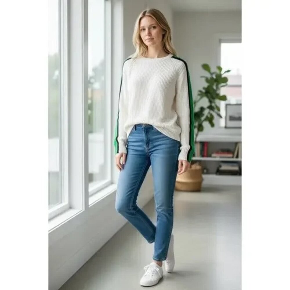Sanctuary Beige “Après Ski” Crewneck Sweater — Green & Black Sleeve Stripe